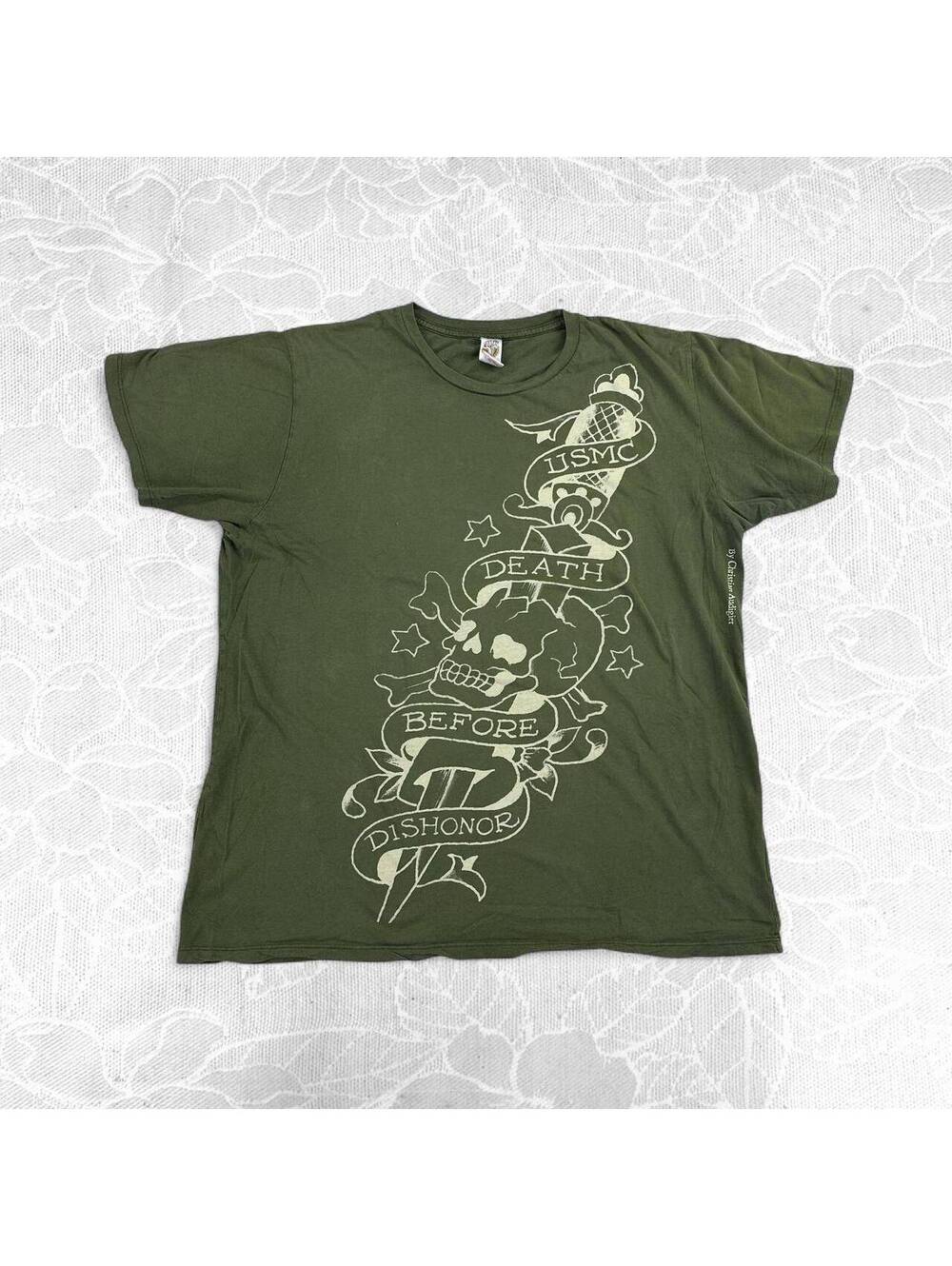 Vintage Ed Hardy USMC Olive Green 'Death Before Dishonor' T-Shirt - XL